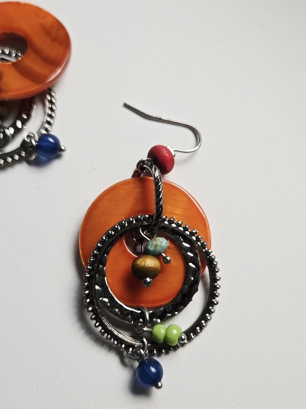Artisan Orange and Multicolor Bead Dangle Hoop Earrings - Picture 5 of 11